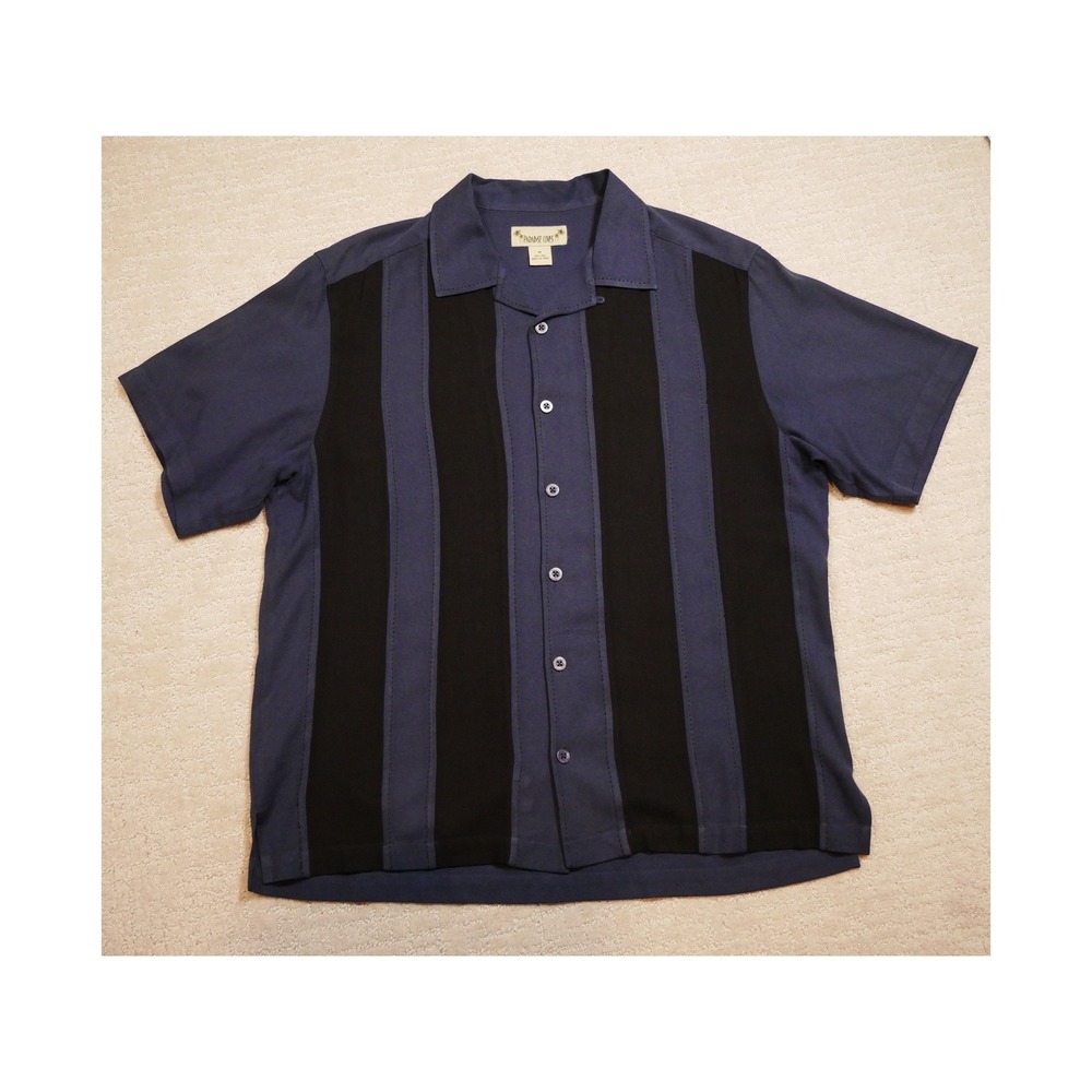 Paradise Cove Mens Silk Camp Shirt Medium Navy Blue Black Bowling Herringbone M